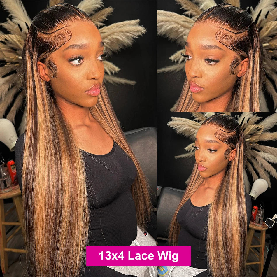 250% Bone Straight Highlight Wigs Human Hair 13x6 Lace Front Wig Colored Ombre 13x4 Transparent Lace Frontal Wig For Women
