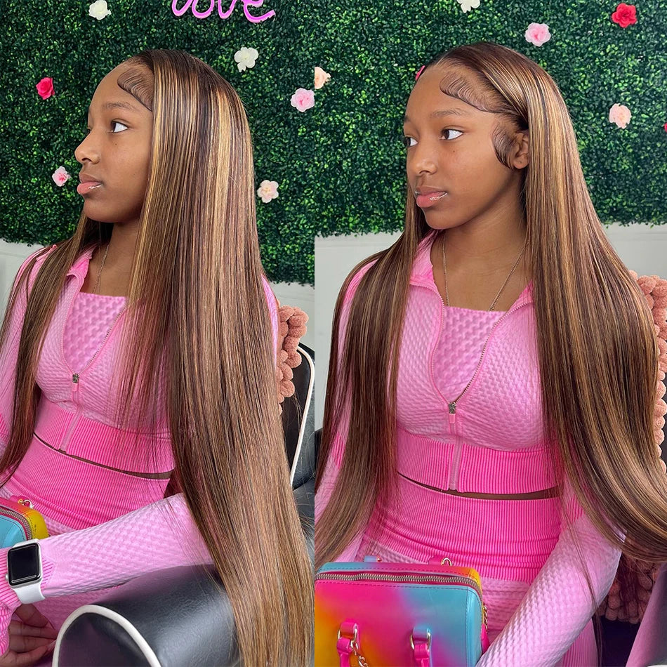 250% Bone Straight Highlight Wigs Human Hair 13x6 Lace Front Wig Colored Ombre 13x4 Transparent Lace Frontal Wig For Women